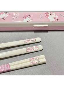 SANRIO 可爱猫咪造型学生筷子套装，ABS树脂材质，3件套便携餐具套装带收纳盒 - 彩色 - 查看 2