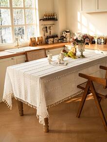 1pc American Retro Minimalist Polyester Linen Tassel Tablecloth, Heat-Resistant Rectangular Tablecloth Suitable For Kitchen, Dining Table, Coffee Table, TV Cabinet, Home Gathering, Outdoor Picnic - Multicolor - View 6