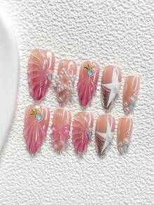 10片深海幻想風手工穿戴甲，Polygel美甲套組，珍珠星星、海星、水鑽、蝴蝶結、貝殼，粉紫色指甲油，奢華風格，附美甲工具，3種尺寸可選，杏仁形、鴨嘴形、棺材形，適合派對、舞蹈、日常配戴 - 彩色 - 查看 17
