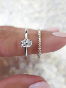 CVNANA 两件套奢华立方氧化锆戒指套装，闪亮椭圆形订婚/结婚/承诺/永恒戒指，精致珠宝，情人节、母亲节和圣诞节礼物 - B - 查看 16