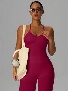 Yefecy New Impact Sports Yoga Tank Top, Women Fitness Yoga Shirt, Sports Wear, Backless Pleated Built-In Bra Cup Top Spring - Màu Đỏ Sâu - Xem 3