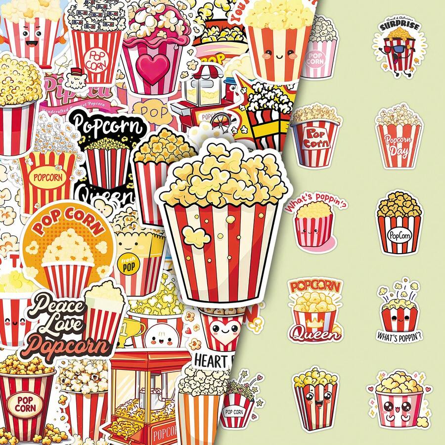 50 piezas de pegatinas de palomitas de maíz con dibujos, pegatinas decorativas de comida de dibujos animados creativas, divertidas y lindas para tabletas, hogar - Multicolor - Ver 1