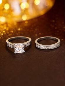 2pcs Luxury Princess Cut Main Stone Ring Set, Micro-Inlaid Zirconia Niche Design Engagement Rings - Ring Set - View 2