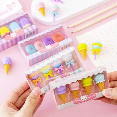 4pcs/Set Cute Ice Cream Shaped Erasers, Realistic Design Pencil Erasers, Gifts For Teachers, Students, School Prizes, Exams, Drawing, Art Supplies, For Girls, Easter