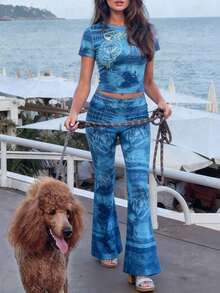 LOVE JOYY 女士 Y2K 蓝色两件套：修身短袖上衣 + 喇叭裤。街头风夏季穿搭，时尚女装套装 - 彩色 - 查看 11