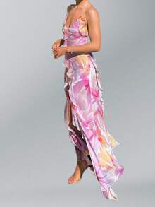 French Print Dress With Straps, Ruffles And An Irregular Cut For Spring - Purple - View 3