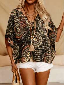 Plus Women's Bat Sleeve Printed V-Neck Blouse Black Summer - Black - View 3