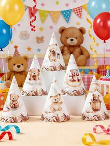 6pcs Teddy Bear Pattern Paper Hats, Baby Shower Party Hats, 1st Birthday Party Decorations, Teddy Bear Birthday Hats, 1st Birthday Decorations, Gender Reveal Party Supplies, Birthday Gifts, Baby Shower Photography Props, Baby Birthday Party Supplies, Baby Shower Party Favors, Party Giveaways, Gender Reveal Decorations - Little Bear - View 2