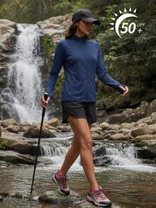 Cavva Women's UPF 50+ Lightweight Sun Protection Jacket, Quick-Dry Stretchy Long Sleeve Cardigan, Textured Fabric, Slim Fit, Raglan Sleeves, Hidden Zipper Pockets, Thumb Holes, Suitable For Outdoor Activities Like Hiking, Running, Yoga Sports - Navy Blue - View 4