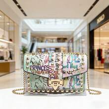 Letter Graffiti Colorblock Small Square Handbag, Chain Shoulder Bag, Lightweight & Versatile - White - View 7