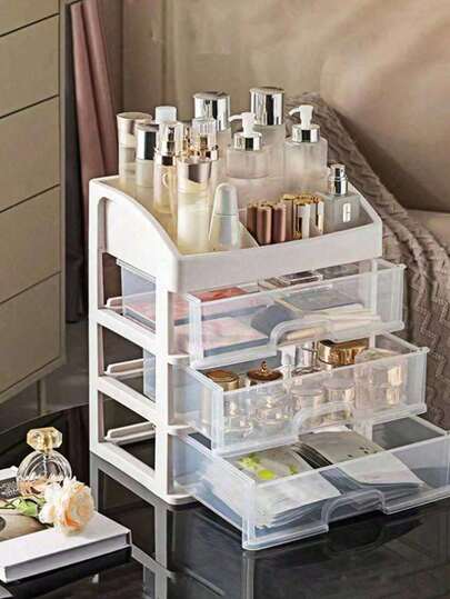 3/2/1 Organizador de maquillaje de escritorio, caja de almacenamiento tipo cajón multifuncional a prueba de polvo y transparente, gabinete de exhibición de cosméticos de gran capacidad, adecuado para cosméticos, artículos de tocador de baño, almacenamiento de suministros de oficina, tocador, regalo de vacaciones, esencial para otoño e invierno, adecuado para maestros, amigos, compañeros de clase