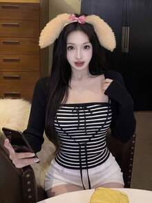 两件套：性感系带露脐吊带背心和长袖条纹开衫，适合新年、外出、通勤、约会等场合，春季黑色 - 黑色 - 查看 3