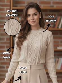 Women's Knitted Sweater With Long Sleeves, Knit Details, Winter Style, Round Neck, Textured - Romania - Xem 2