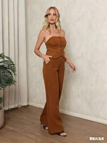 Tailored Set: Sensual Pants And Strapless Blouse With Buttons - Perfect For New Year's, Christmas, Summer, And Vacation - Màu Khaki - Xem 5