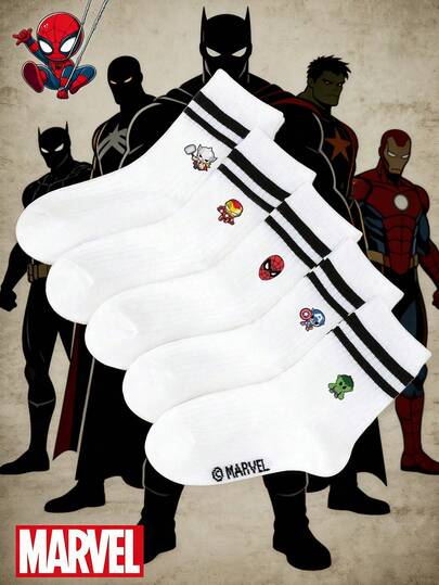 Marvel 1/5 Pairs  , , , Thor Patterned Children's Socks, Ruffle Socks, Black Striped White Crew Socks, Girls' & Boys' Ankle Socks, Soft Breathable Ankle Socks, Non-Slip Loafer Socks, Cartoon Graphic Ankle Socks, Cute Casual For Everyday Wear