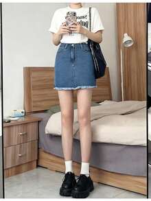 Váy mini denim cạp chun viền tua rua thường ngày cho nữ, mùa hè - Rửa trung bình - Xem 4