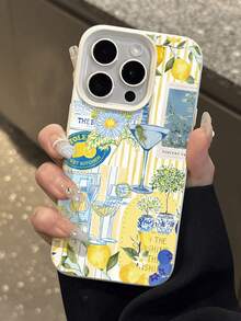 1pc Fashionable Lemon Element Striped Wine Glass Pattern Litchi Texture Anti-Drop Anti-Slip Soft Phone Case Compatible With Apple, Phones,International Version, Not The Domestic Version - Multicolor - View 4