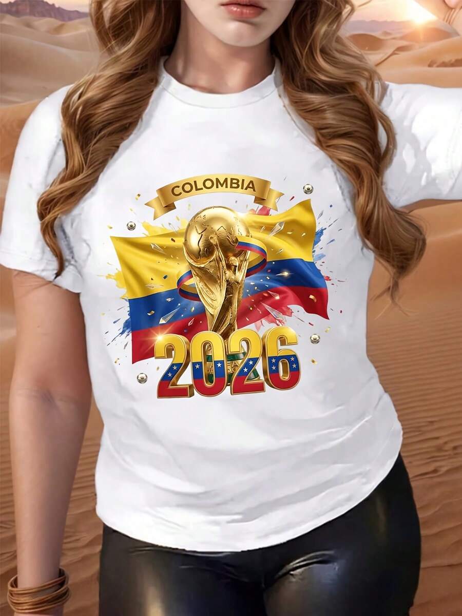 With Colombia 2026 World Cup Trophy Design For Summer Wear Gift For Football Fans,Women's Plus-Size T-Shirt, 2026 World Cup T-Shirt, Short-Sleeved Top, Comfortable To Wear With Low-Elasticity Pure Cotton Fabric, Everyday Outdoor Casual T-Shirt, The Best Choice For Gifting (S-5XL). - 白色 - 查看 1