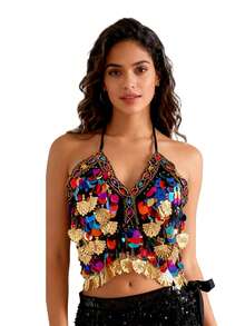 女士肚皮舞服装，夏季新款练习服，演出服，女士套装，舞蹈服，胸衣上装+腰链+开衩裙 - 彩色 - 查看 22