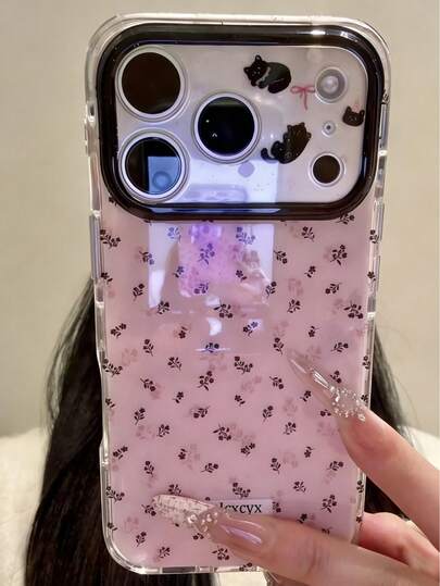 Cute Pink Flower Floral Bowknot Kitten Phone Case Compatible With IPhone 17 Pro Max 17 Pro 17 16 Pro Max 16 Pro 16 15 Pro Max 15 Pro Max 15 Pro 15 Jelly Cases Creative Camera Protection Shockproof Bumper Cover