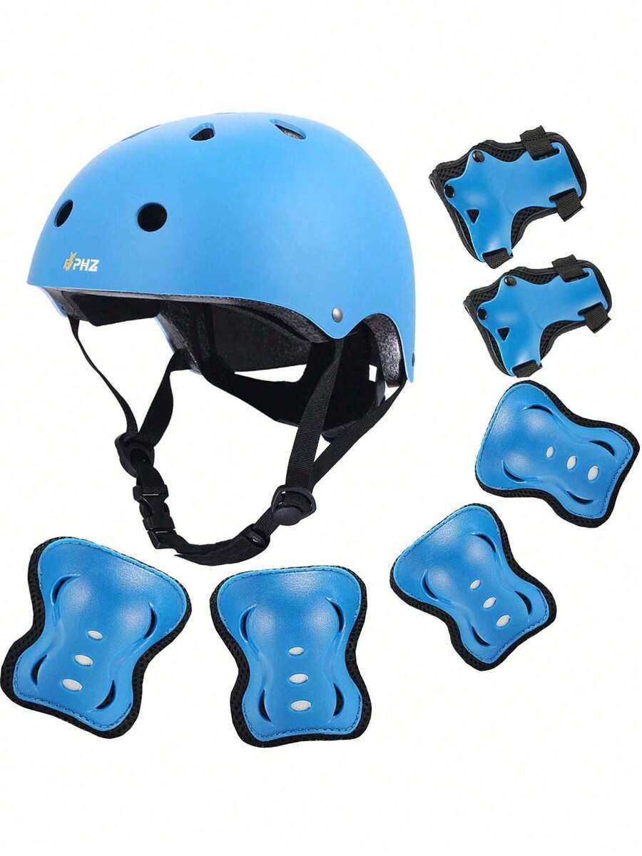 Complete Kids Guard Set – Durable ABS Shell Helmet & Padded Elbow Knee Guards For Scooter, Skate & Bike Riding - Blue - View 1