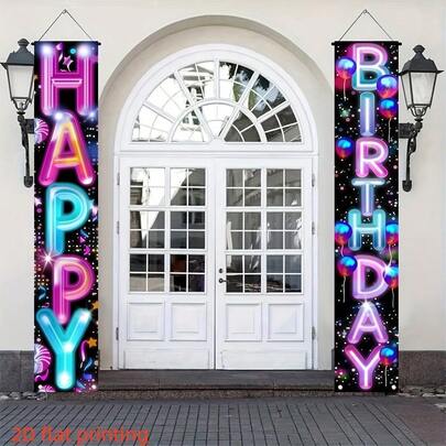 1 pieza Telón de fondo plano 2D para cumpleaños, cortina de díptico de cumpleaños de colores neón, diseño de feliz cumpleaños colorido, texto plano 2D de fibra de poliéster con degradado neón fluorescente, adecuado para fiesta de cumpleaños, decoración de fiesta de KTV, decoración de entrada para reunión en el hogar, fiesta de adultos