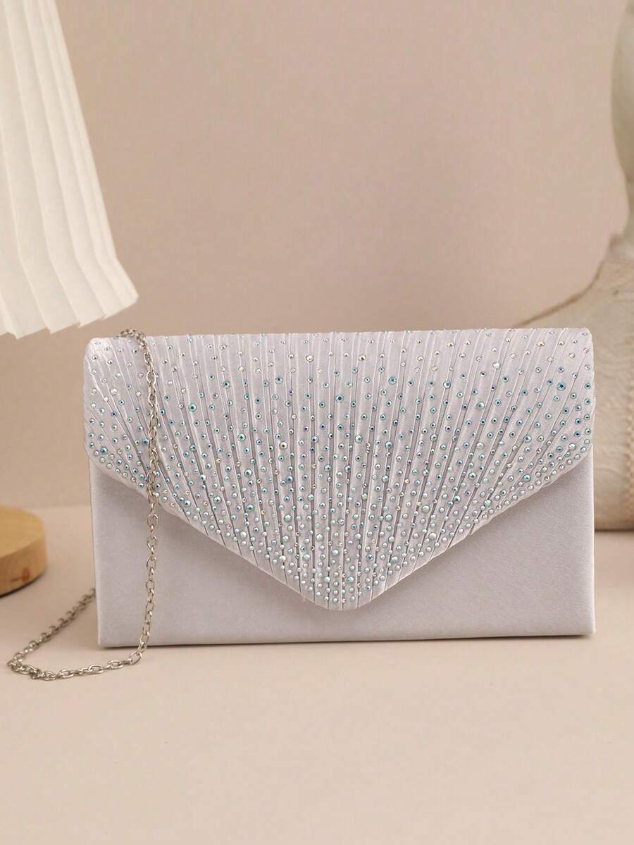 Rhinestone Women's Evening Bag, Small Envelope Design Handbag, Satin Shoulder Chain Bag, Shiny Purple Cocktail Party Clutch