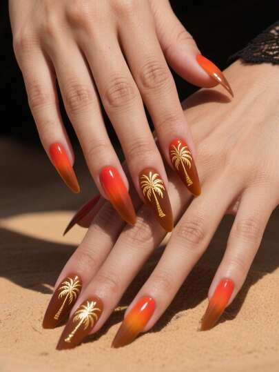 Medium-Sized Pointed Press-On Nail Tips, 24-Piece DIY Set, Featuring An Orange-To-Brown Ombre Gradient And Gold Palm Tree Print Accents. These Middle Eastern-Inspired Vacation-Style Nail Tips Are Perfect For Women's Parties, Vacations, And Everyday Wear. They Are Removable And Reusable Press-On Nails.