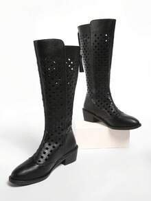 白色尖头粗跟过膝长靴，V 领设计显瘦，镂空网眼夏季西部牛仔女靴 - 黑色 - 查看 5