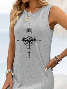 [Compass Print Tank Dress] Comfortable Sleeveless Tank Dress With Compass Print - Casual Long Sleeveless Midi Dress For Women, Lightweight Polyester, Perfect For Beach Outings, Hiking, And Casual Attire, Casual Wear Dress| Relaxed Fit Dress| Minimalist Design - 灰色 - 查看 3