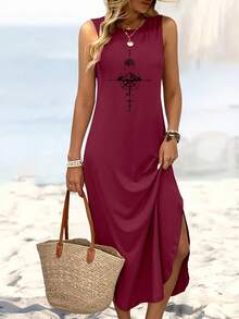 [Compass Print Tank Dress] Comfortable Sleeveless Tank Dress With Compass Print - Casual Long Sleeveless Midi Dress For Women, Lightweight Polyester, Perfect For Beach Outings, Hiking, And Casual Attire, Casual Wear Dress| Relaxed Fit Dress| Minimalist Design - 粉色 - 查看 6