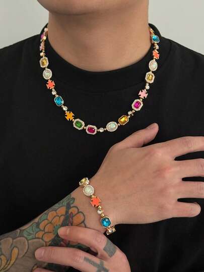 2pcs/Set Vintage Luxury Multi-Color Crystal Cross Pendant Necklace & Bracelet Set, Men's Daily Accessories, Ideal Gift