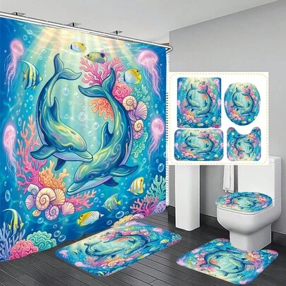 1件/4件套海底世界海豚图案多功能浴室装饰浴帘套装，赠送12个挂钩，营造优雅假日氛围，包含浴室地垫、U型地垫和圆形马桶垫，适用于各种浴室场景。