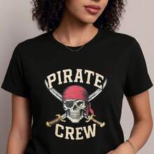 Camiseta de moda aventurera con estampado de calavera de tripulación pirata, manga corta y cuello redondo, top casual para verano y primavera, ropa de mujer- 1pcs, 180Gsm, 100% Cotton - Negro - Ver 4