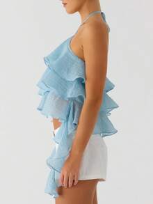 Women Ruffle Halter Tie Neck Crop Top Chiffon Frill Trim Spaghetti Sleeveless Backless Ruffle Layered Hem Cami Top Summer Going Out Tops - Blue - View 4
