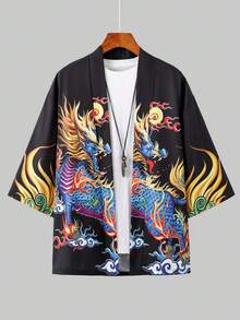 雄伟麒麟七分袖长袍，吉祥云火印花宽松休闲和服开衫（男士款） - 黑色 - 查看 5