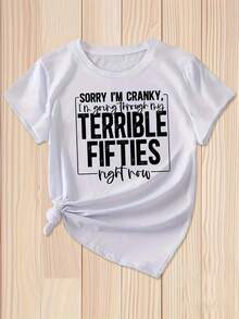 Fashionable Women's 50th Birthday Sarcastic Humorous Pattern T-Shirt- "Sorry, I'm Very Grumpy..." Funny Quote Short Sleeve Round Neck Top, Soft And Comfortable For All Seasons, Machine Washable Casual Style, Fun Design With High-Quality Fabric - 黑色 - 查看 6