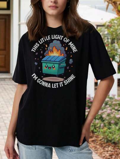 Camiseta divertida con estampado de "Fuego de contenedor de basura" y humor sobre la ansiedad, con citas irónicas que celebran el bienestar mental y el alivio del estrés para mujeres