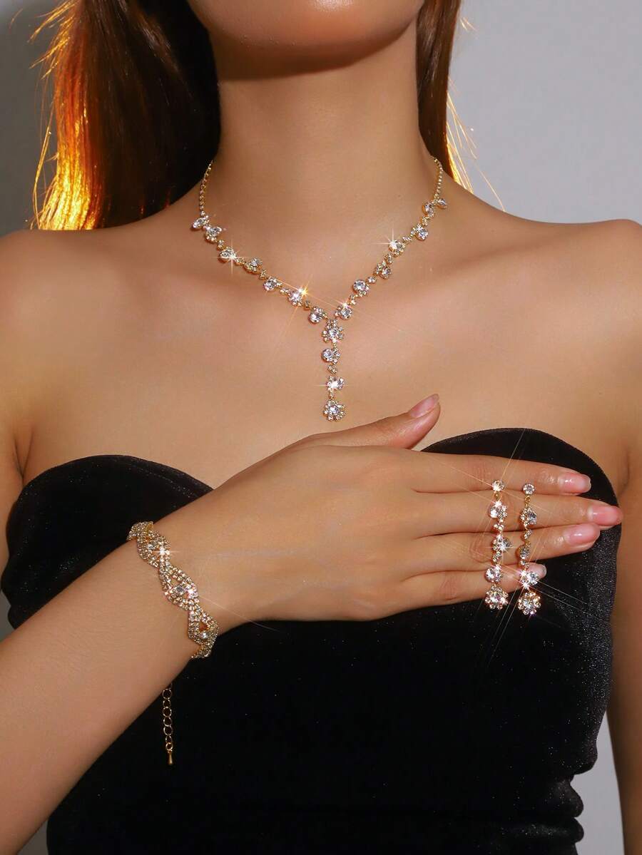 3pcs Set Elegant Necklace, Earrings, Bracelet, Floral Design With Rhinestones, Suitable For Women's Daily Wear, Weddings, Parties And Other Occasions - Gold - View 1