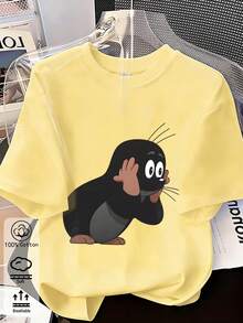 Damen Sommer/Herbst T-Shirt aus reiner Baumwolle, Cartoon-Tier-Muster, lässig sportlich, lockerer Schnitt, Große Größen - Gelb - Übersicht 4