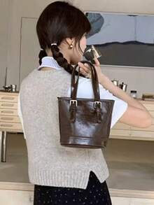 Koreanisches Ins Nische Design Einfarbige Eimer Tasche, vielseitige Mode Umhängetasche für Frauen, geeignet für Arbeit, Ausflüge, Pendeln, tägliches Einkaufen, Handtasche & Schultertasche - Braun - Übersicht 3