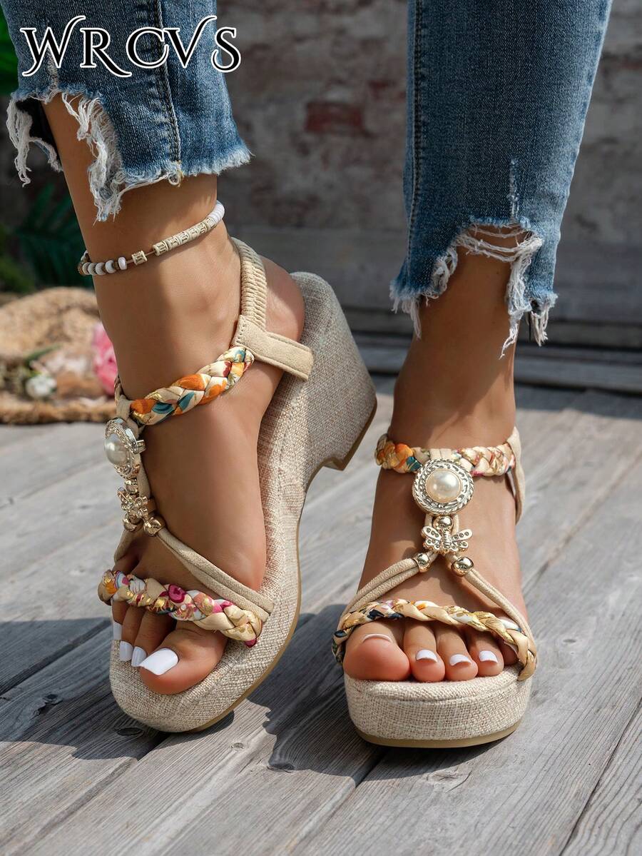 米色坡跟凉鞋，女士夏季厚底搭扣凉鞋，镂空手工串珠编织凉鞋，轻便时尚，罗马风度假凉鞋，增高鞋，度假鞋，波西米亚风厚底鞋 - 米色 - 查看 1