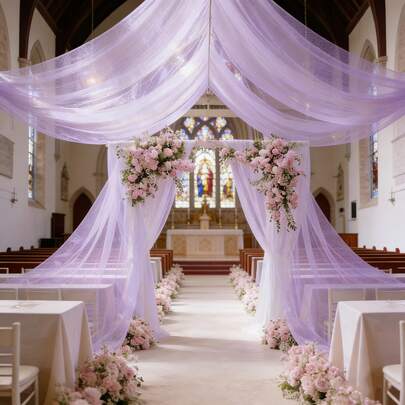 1개 우아한 연보라 쉬폰 웨딩 배경 메쉬 원단, DIY 신부 파티, 생일, 할로윈 및 크리스마스 장식에 적합 - 투명 파티 세레모니 배경 원단, 완벽한 발렌타인 데이 및 신부 선물, 웨딩 장식, 의자 및 테이블 장식, 미니멀리스트 디자인, 고품질 수제 재료