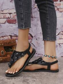 Sandal đế bằng hoa 3D cho nữ, kiểu hở mũi, có kẹp, giày casual đa năng cho mùa hè. - màu đen - Xem 4