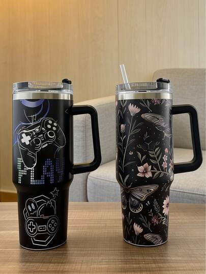 1pc Stainless Steel Insulated Tumbler With Handle, Game Controller Print, Matte Black Finish, Esports Style, Leak-Proof, Long-Lasting Temperature Retention, Fits Car Cup Holder, Suitable For Gamers, Students, And Office Workers For Everyday Use And Gaming Sessions. Combines Aesthetics And Functionality, An Ideal Personalized Water Bottle For Esports Enthusiasts.