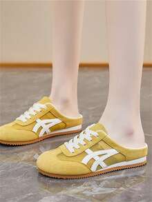 Shoes Giày thể thao đế bệt thoáng khí mùa hè cho nữ, giày buộc dây kiểu retro, giày đi bộ đế bằng nhẹ, chống trơn trượt. - Màu vàng - Xem 6