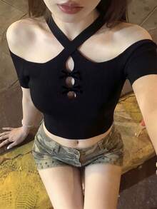 性感交叉露背吊带短袖上衣，女士独特镂空蝴蝶结露脐针织衫，韩版性感露肩，娇小身材显瘦的BM款短款上衣，纯镂空吊带T恤黑色夏季款 - 黑色 - 查看 4
