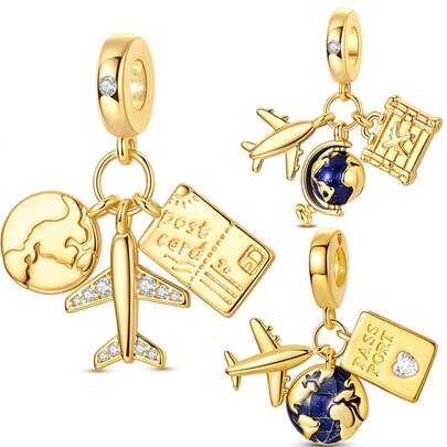 1pc 18K Gold Plated Cubic Zirconia Travel & Hobby Decor Earth Airplane Postcard 3-In-1 Pendant, Jewelry DIY Charm Suitable For Daily Wear, Parties, Celebrations, Traveling, Ideal Gift
