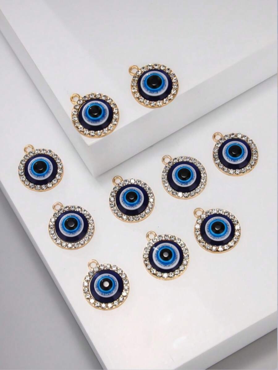 10 chiếc mặt dây chuyền hình mắt quỷ, tự làm, đính đá, phụ kiện trang sức hợp kim hình mắt tròn màu xanh dương. - Nhiều màu - Xem 1
