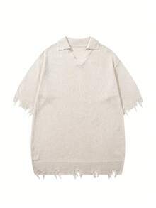 Casual Loose Ripped Fringe V-Neck Short Sleeve Knit Top, Neutral Street Style For Spring/Summer, Apricot - Apricot - View 3